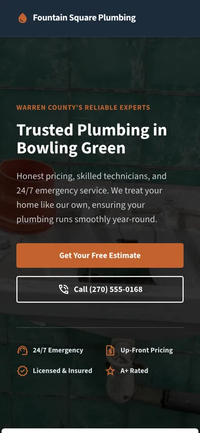 The Fountain Square Plumbing homepage on a phone, a demo Bowling Green plumbing website