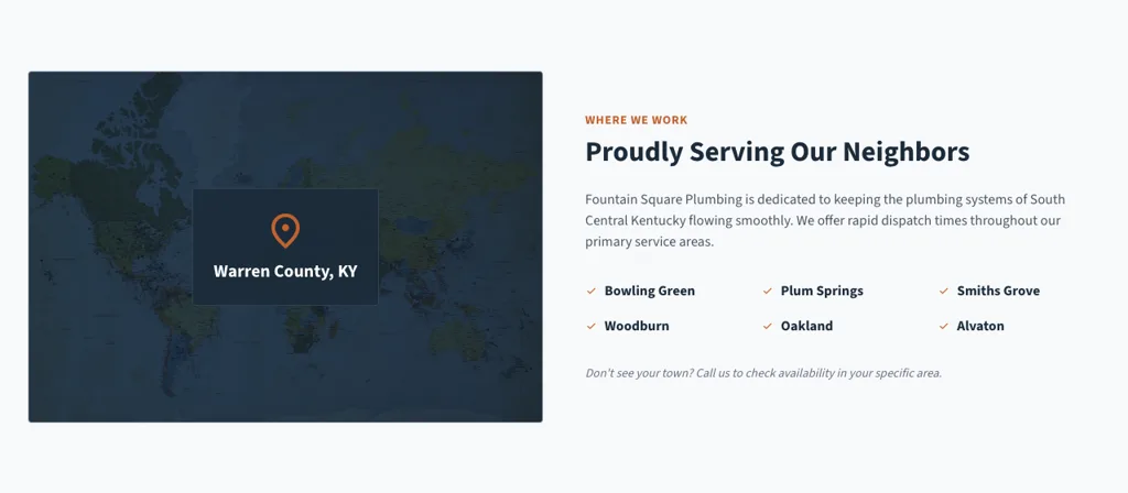 The service area section of the demo Bowling Green plumbing homepage