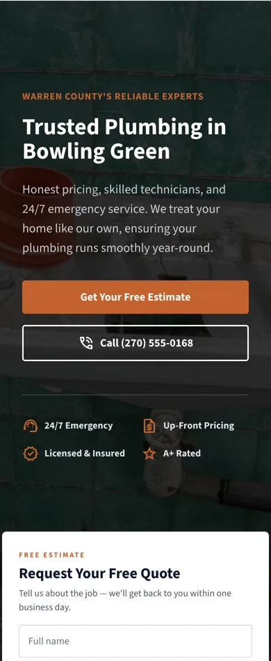 The first screen of the demo Bowling Green plumbing homepage on a phone