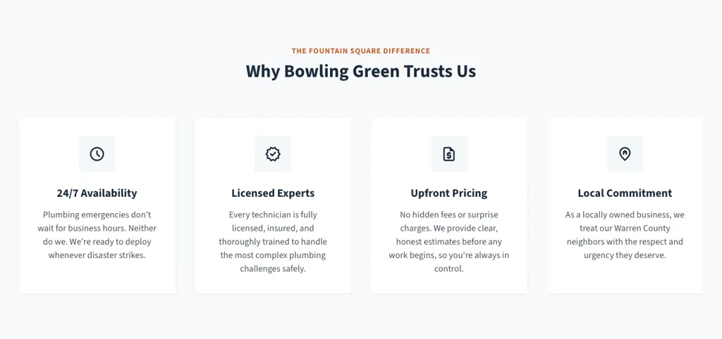 The 24/7, licensed and up-front pricing band on the demo Bowling Green plumbing homepage