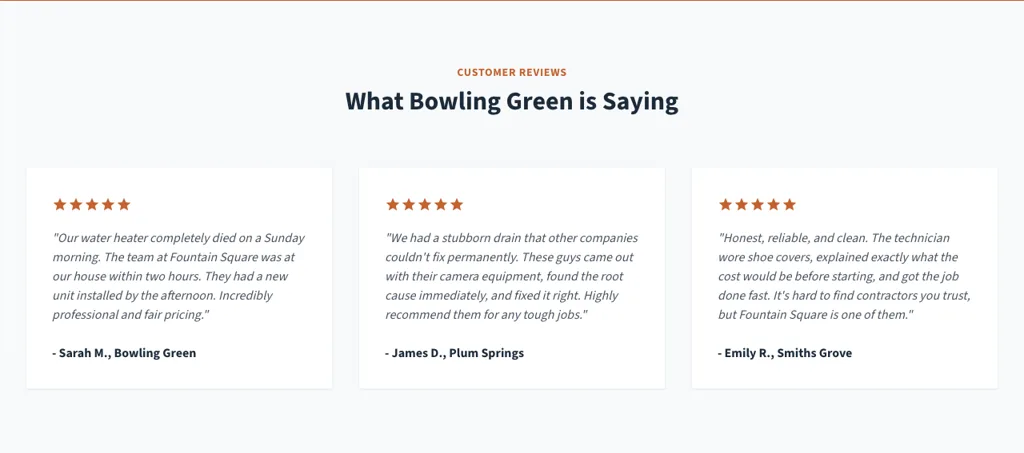 The reviews section of the demo Bowling Green plumbing homepage