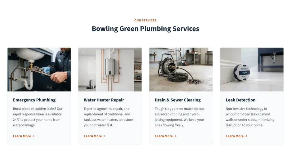 The services section of the demo Bowling Green plumbing homepage