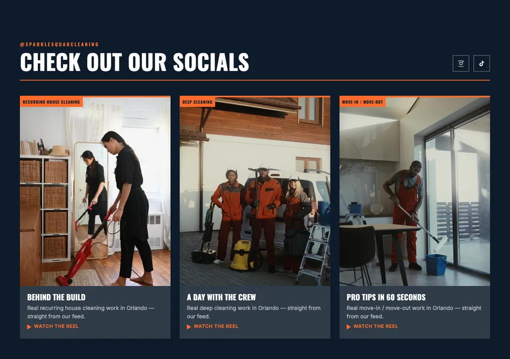 Cleaning socials section built into a real generated site
