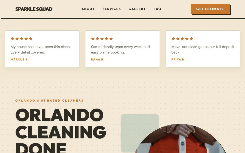 Sparkle Squad Cleaning — Mid-Century Modern cleaning website example