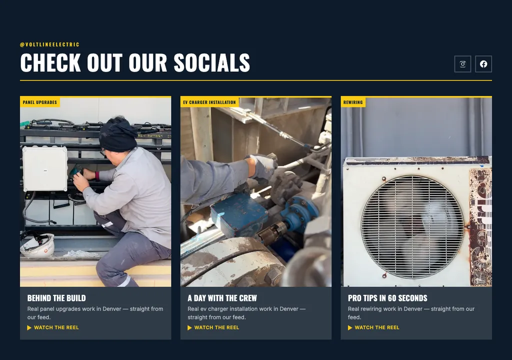 Electrician socials section built into a real generated site