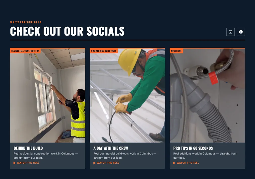 General Contractor socials section built into a real generated site