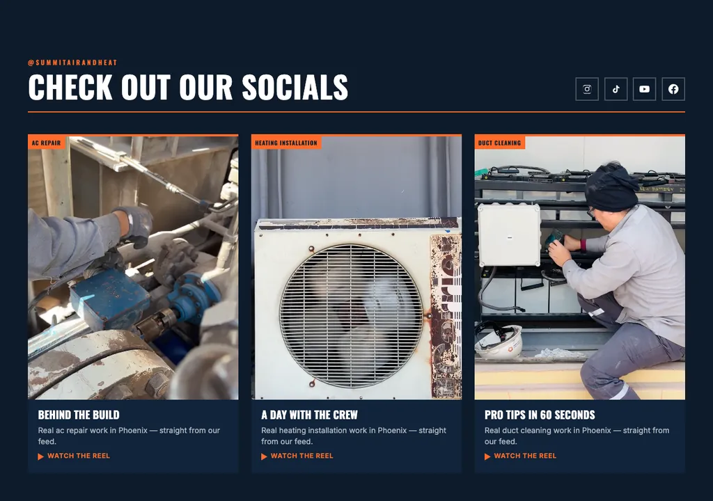 HVAC socials section built into a real generated site