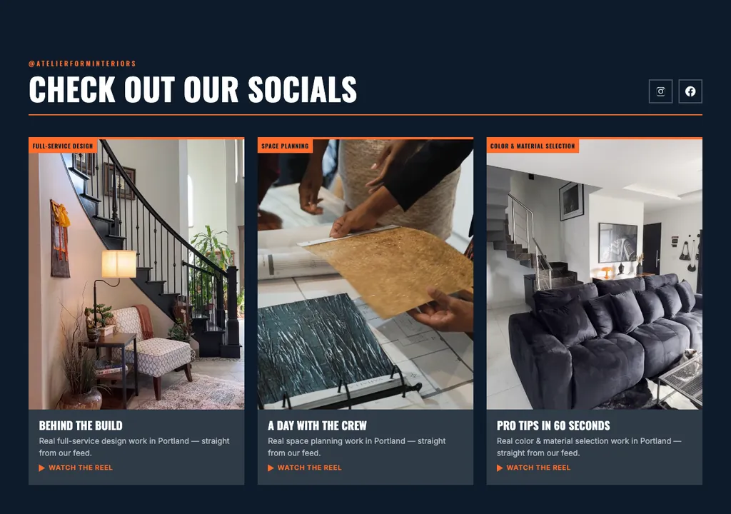 Interior Design socials section built into a real generated site
