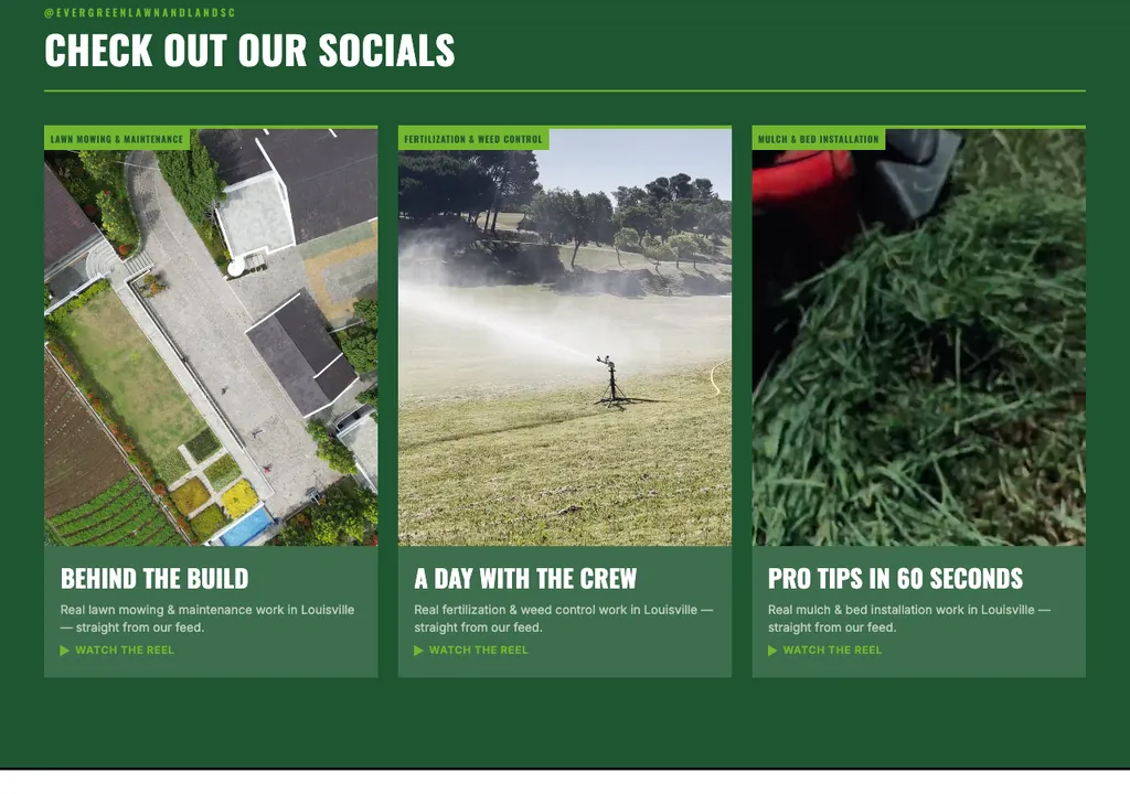 Lawn Care socials section built into a real generated site