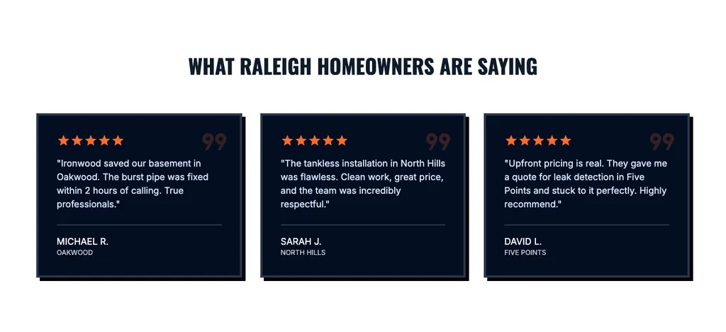Plumbing reviews section from a real generated site