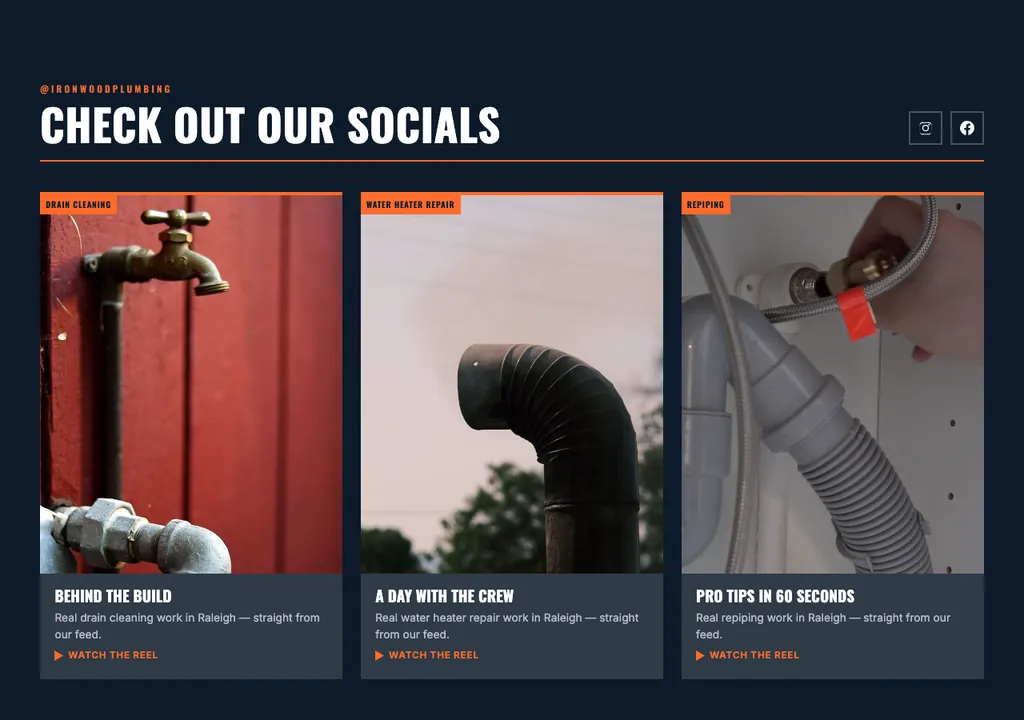 Plumbing socials section built into a real generated site