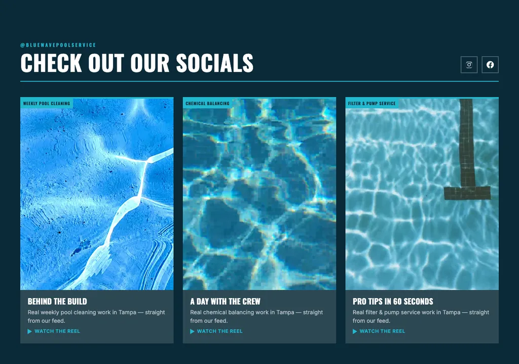 Pool Service socials section built into a real generated site