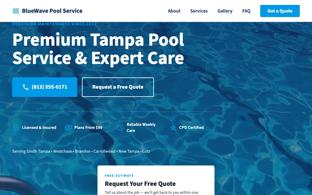 BlueWave Pool Service — Corporate Pro pool service website example
