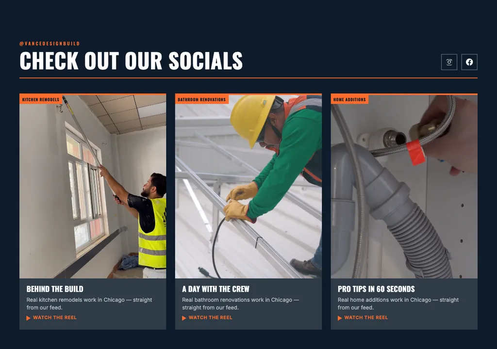 Remodeling socials section built into a real generated site