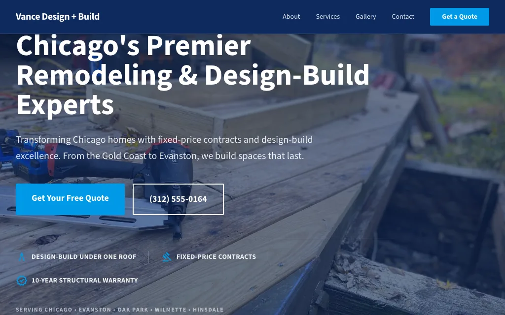 Vance Design + Build — Corporate Pro remodeling website example