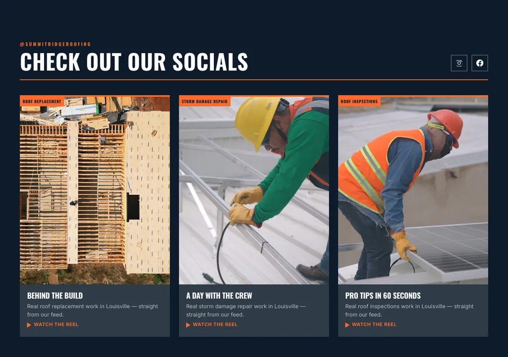 Roofing socials section built into a real generated site