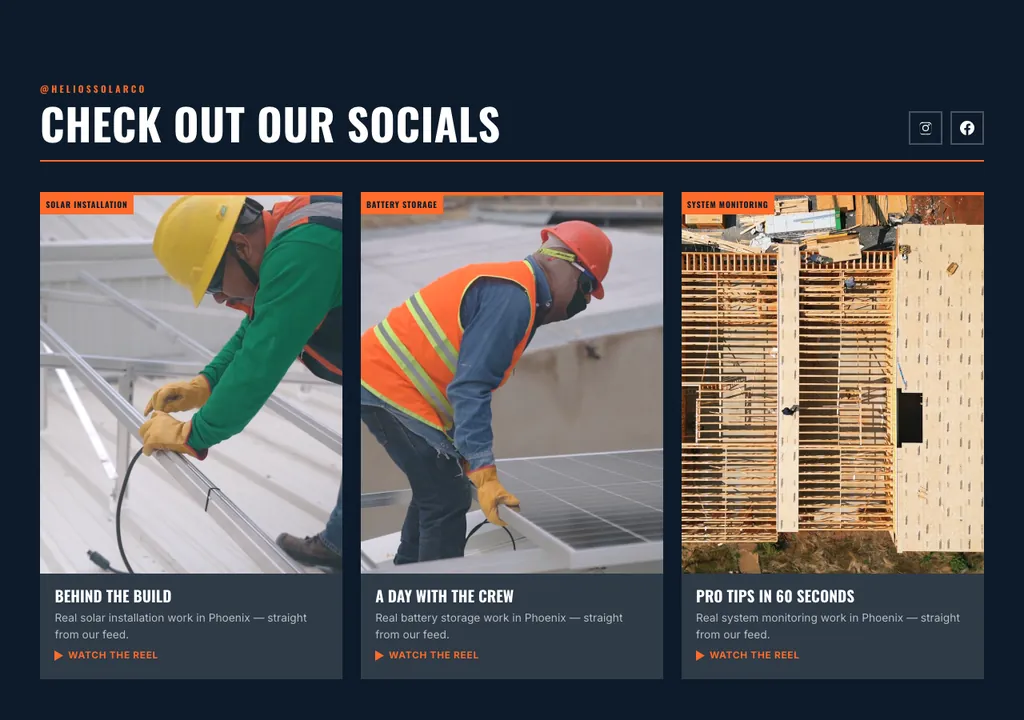 Solar socials section built into a real generated site