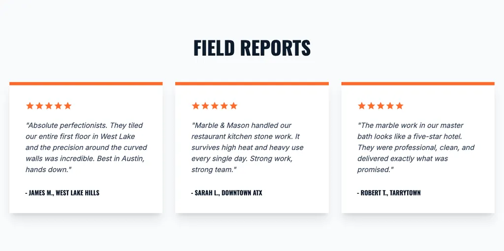 Tile & Stone reviews section from a real generated site