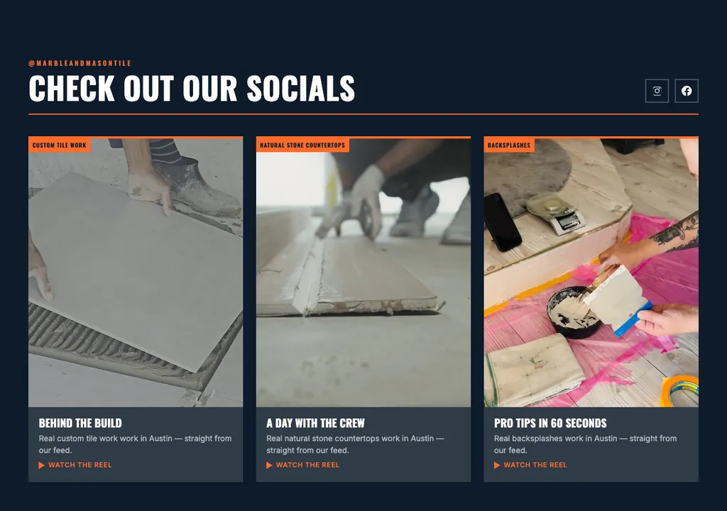 Tile & Stone socials section built into a real generated site