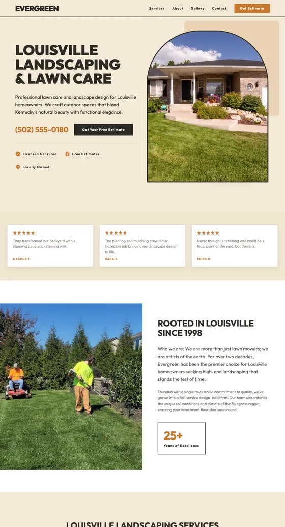 Evergreen Lawn & Landscape, a Louisville landscaping website in the Mid-Century Modern template