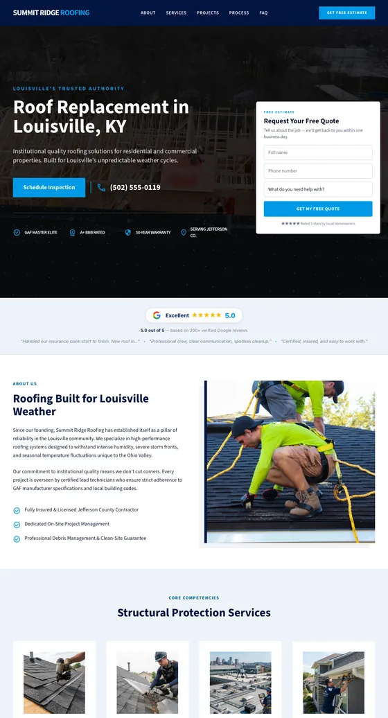 Summit Ridge Roofing, a Louisville roofing website in the Corporate Pro template
