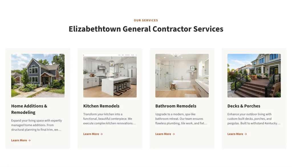 The services section of the demo Elizabethtown general contractor homepage