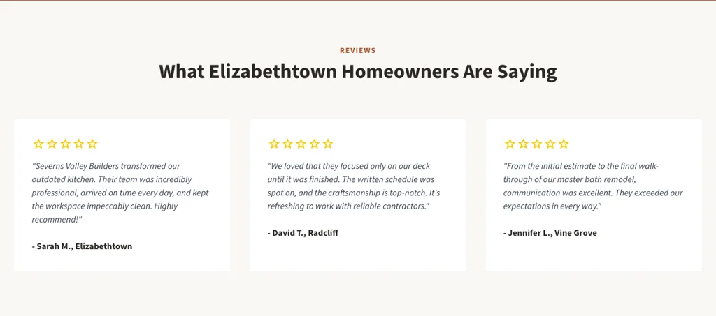 The reviews section of the demo Elizabethtown general contractor homepage