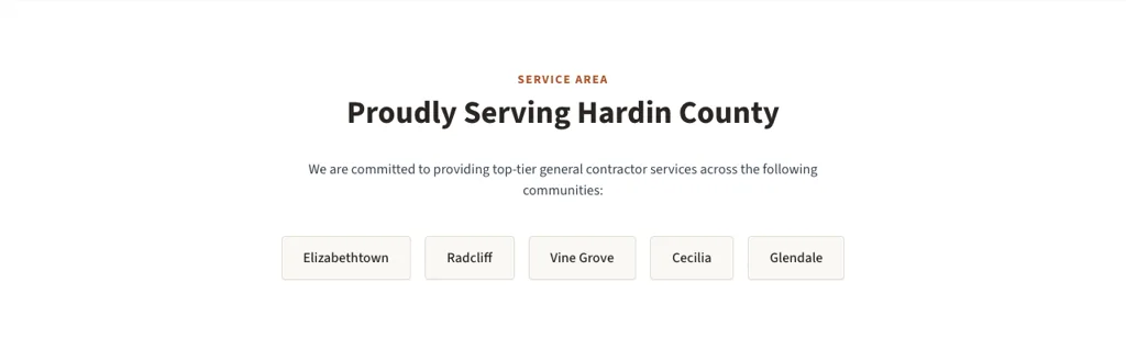The service area section of the demo Elizabethtown general contractor homepage