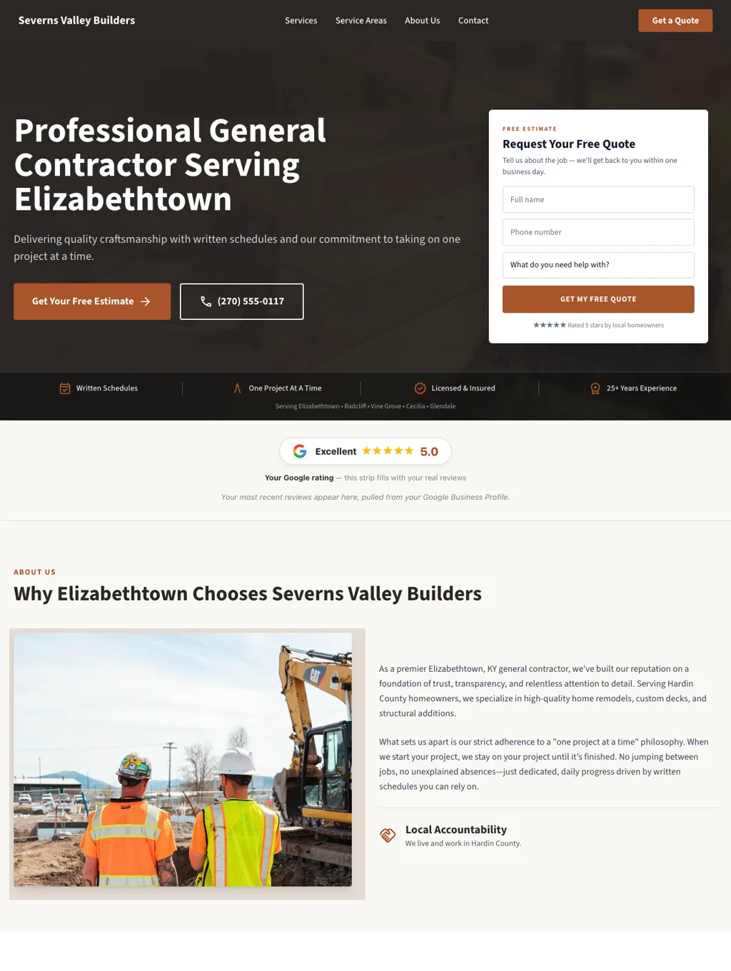The Severns Valley Builders homepage, a demo general contracting website for Elizabethtown, Kentucky