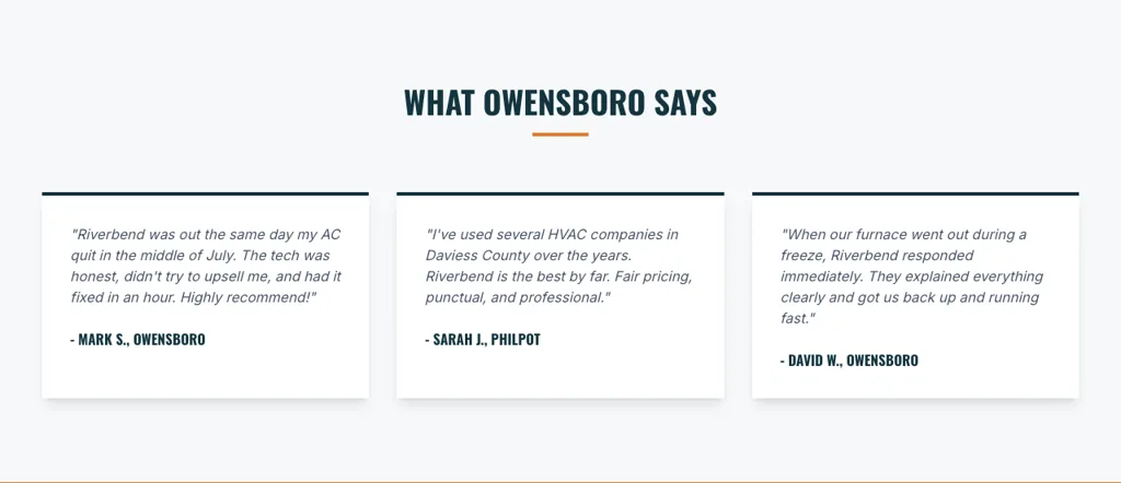 The reviews section of the demo Owensboro HVAC homepage