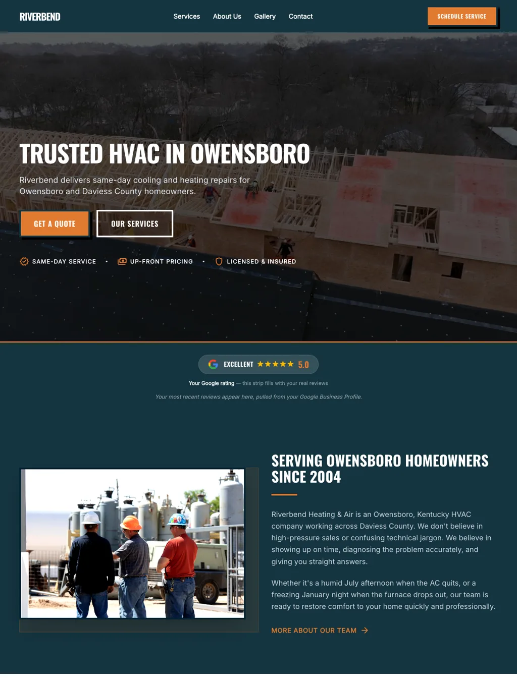 The Riverbend Heating & Air homepage, a demo hvac website for Owensboro, Kentucky
