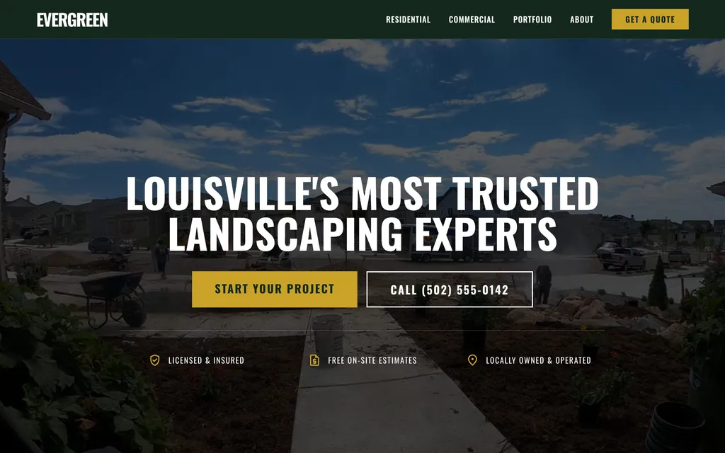 Evergreen Lawn & Landscape — Bold & Modern landscaping website mockup