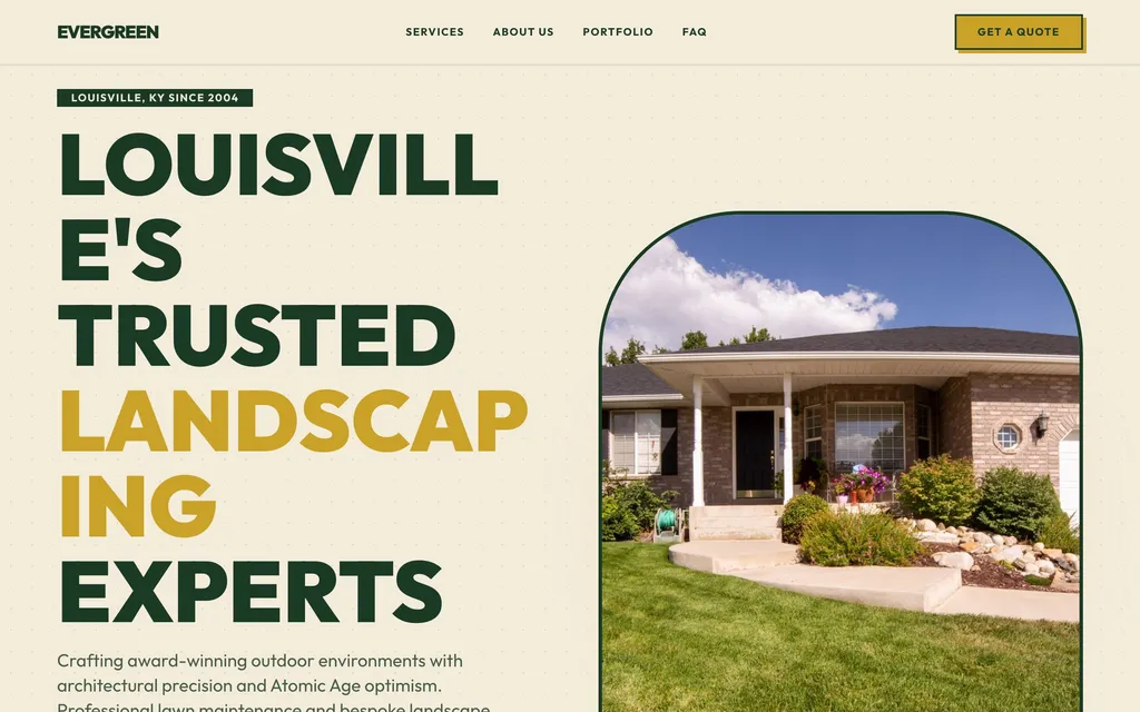 Evergreen Lawn & Landscape — Mid-Century Modern landscaping website mockup