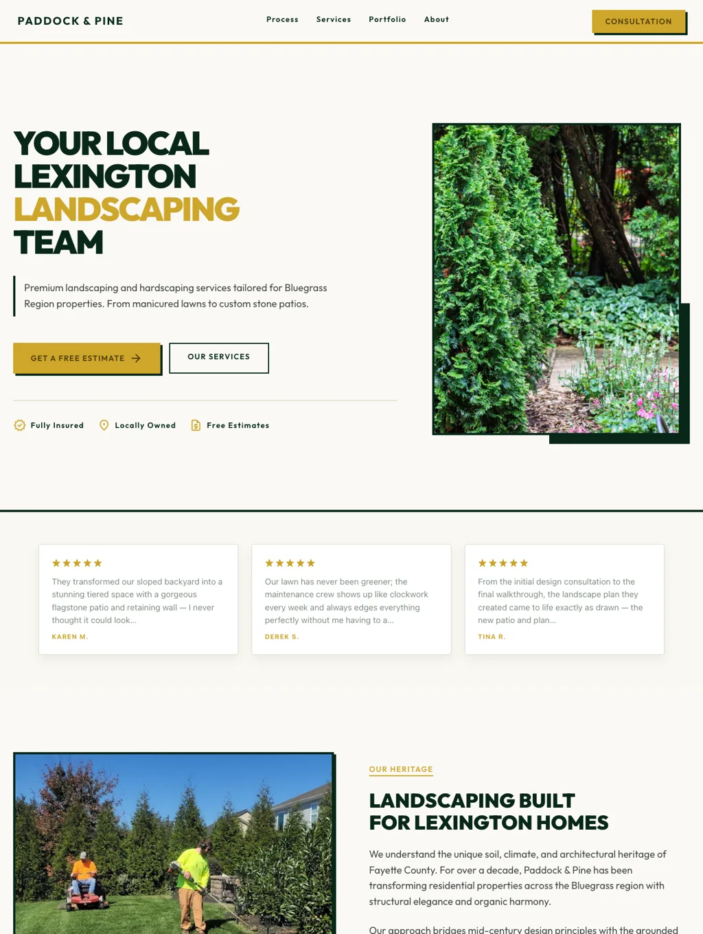 The Paddock & Pine Landscaping homepage, a demo Lexington landscaping website
