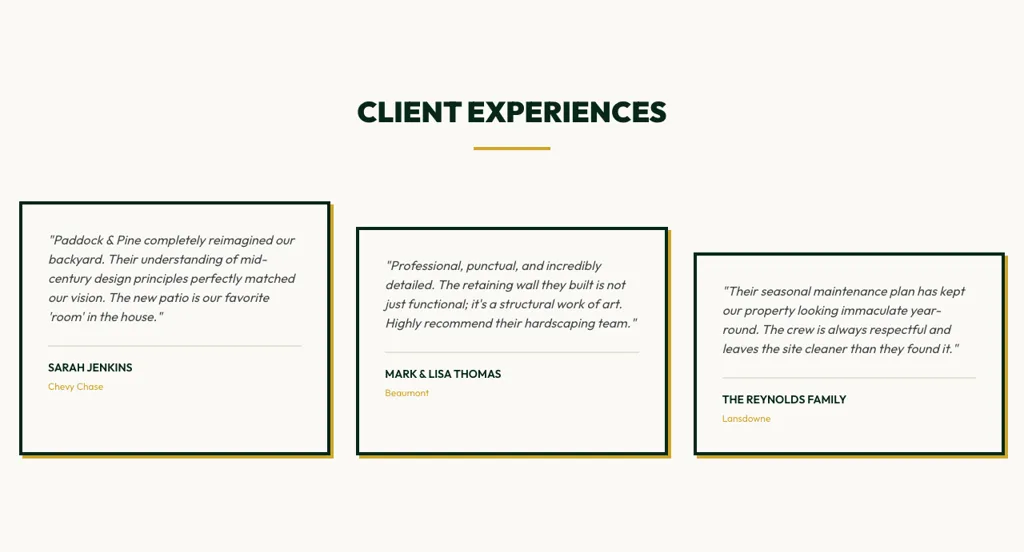 The reviews section on the demo Lexington landscaping homepage