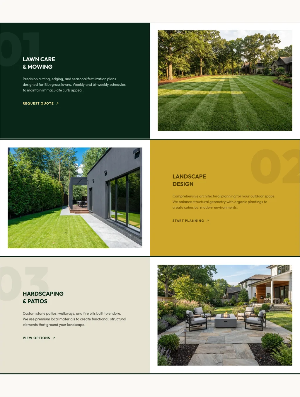 The services section of the demo Lexington landscaping homepage